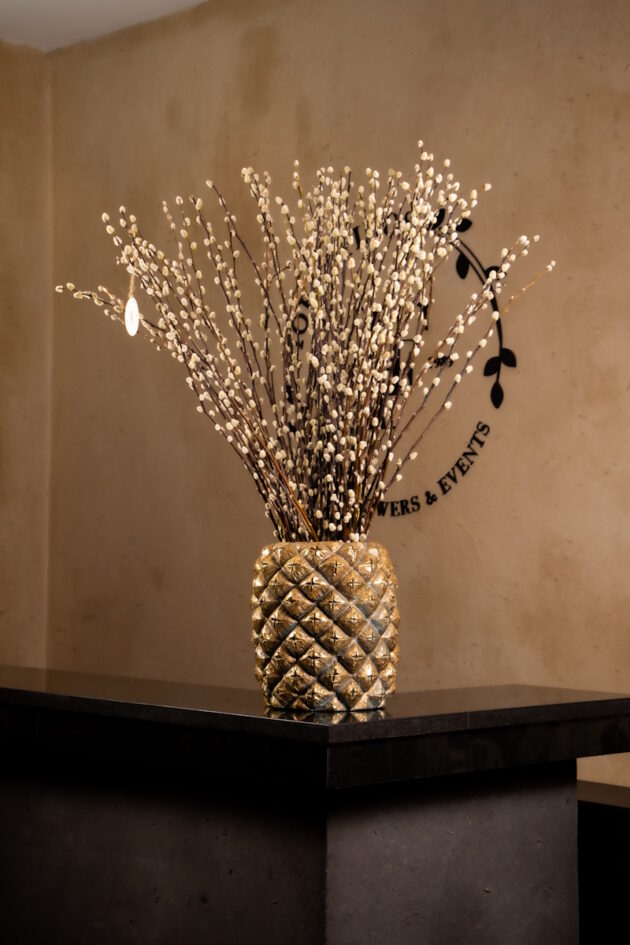 Gold Textured Vase with Pussy Willow Stems