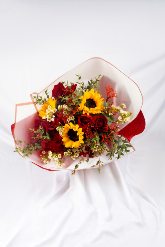 Bouquet with Sunflowers and Red Roses