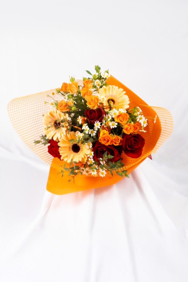 Bouquet with Gerberas, Red Roses & Chamomile