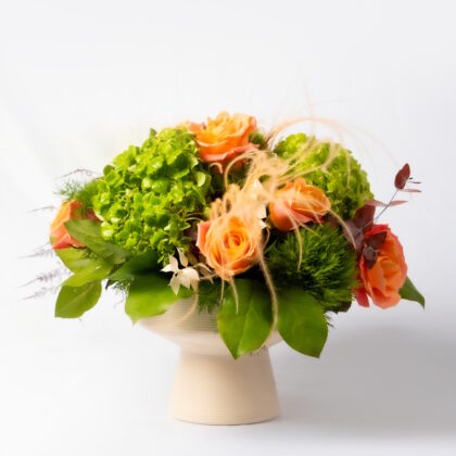Arrangement with Orange Roses & Hydrangeas