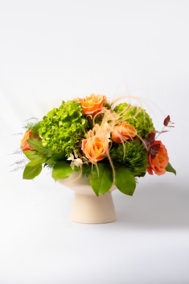 Arrangement with Orange Roses & Hydrangeas