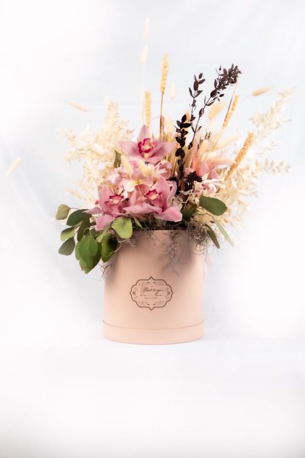 Orchid & Dried Flower Arrangement in Hatbox