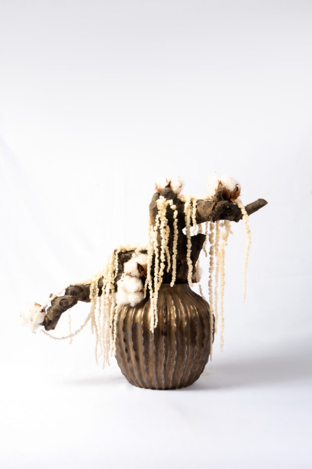 Rustic Cotton & Driftwood Design in Bronze Vase
