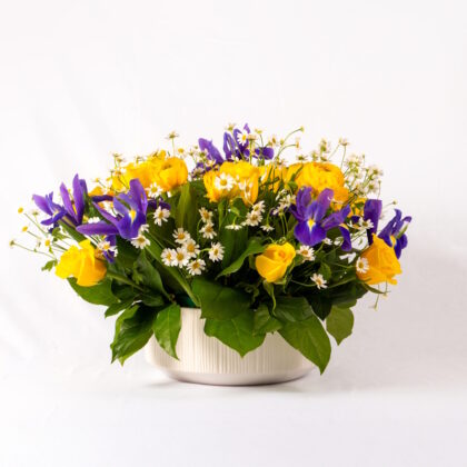 Arrangement with Yellow Roses, Irises & Chamomile