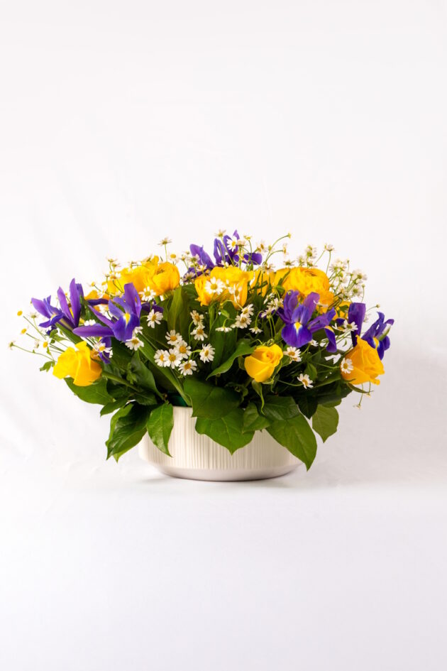 Arrangement with Yellow Roses, Irises & Chamomile
