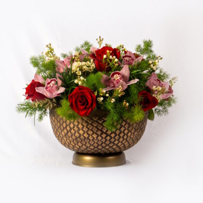 Arrangement with Red Roses and Cymbidium Orchids