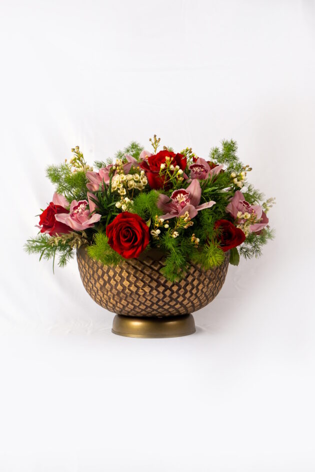 Arrangement with Red Roses and Cymbidium Orchids