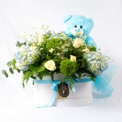 Gift Box with Blue Teddy Bear & Flowers