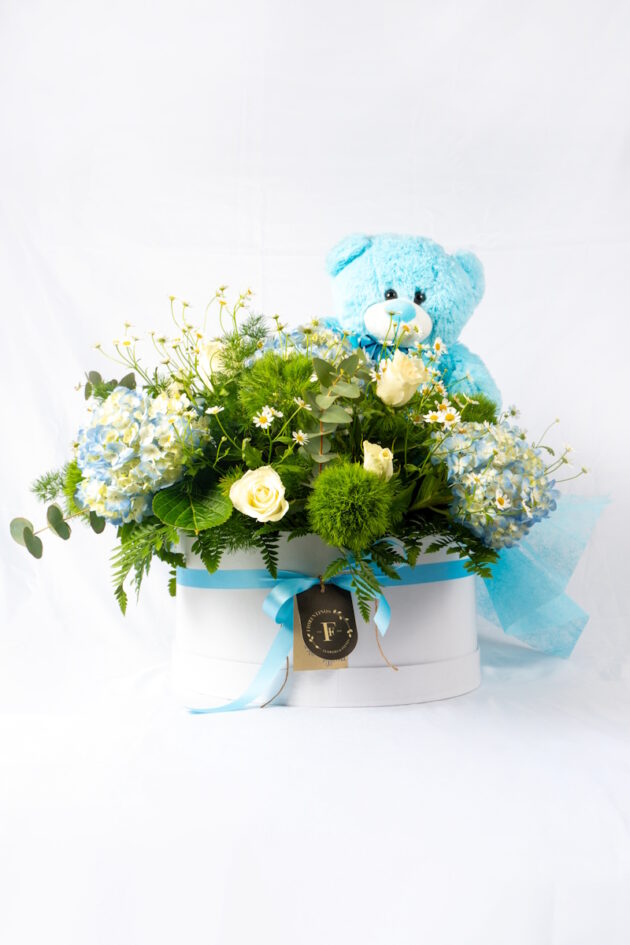 Gift Set with Hydrangea & Blue Teddy Bear