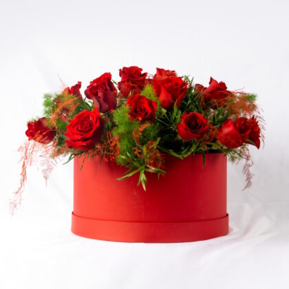 Box Arrangement with Red Roses and Greenery