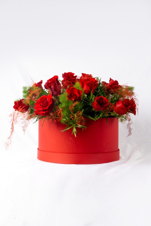Box Arrangement with Red Roses and Greenery