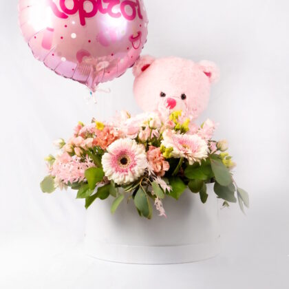 Gift Box with Pink Teddy Bear & Flowers